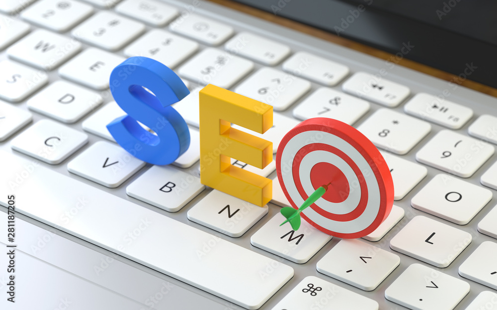 Poster seo symbol on the keyboard of a latop, 3d rendering,conceptual image. online search concepts.