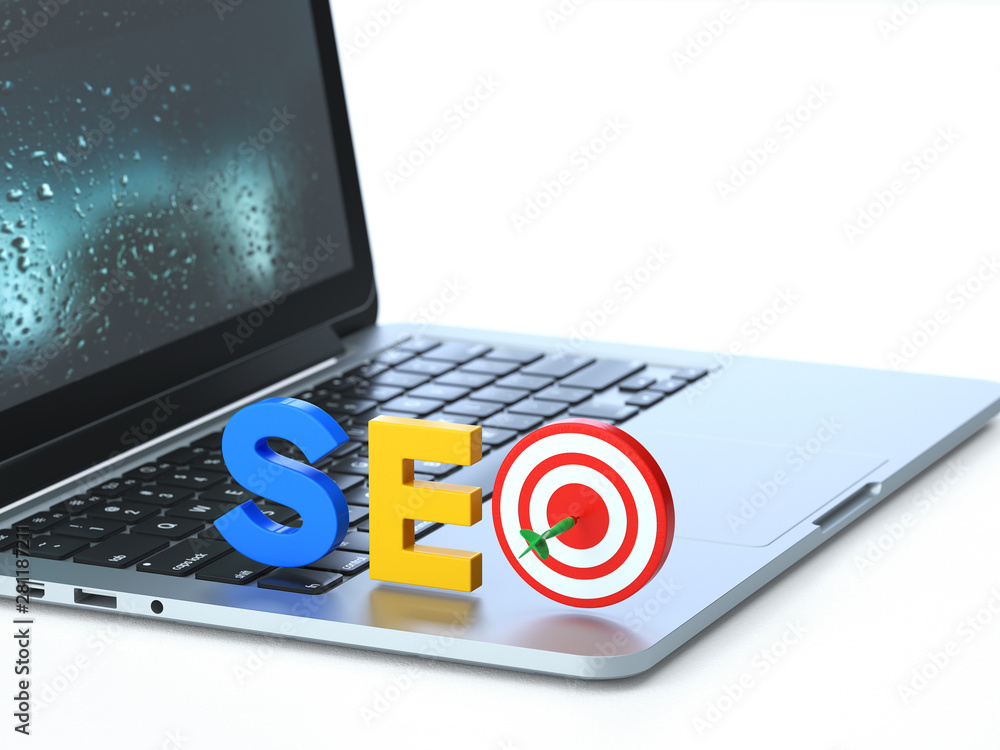 Poster seo symbol on the keyboard of a latop, 3d rendering,conceptual image. online search concepts.