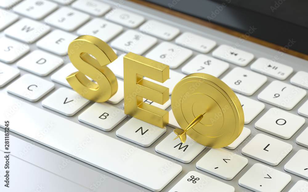 Poster seo symbol on the keyboard of a latop, 3d rendering,conceptual image. online search concepts.