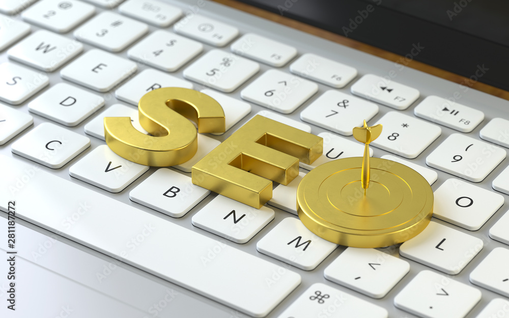 Poster seo symbol on the keyboard of a latop, 3d rendering,conceptual image. online search concepts.