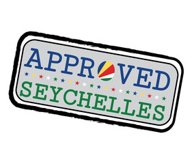 Vector stamp of welcome to Seychelles with map outline of the nation in center.
