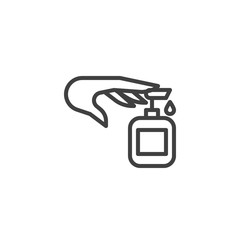 Liquid soap bottle and hand line icon. Washing hands linear style sign for mobile concept and web design. Hand hygiene outline vector icon. Disinfection symbol, logo illustration. Vector graphics