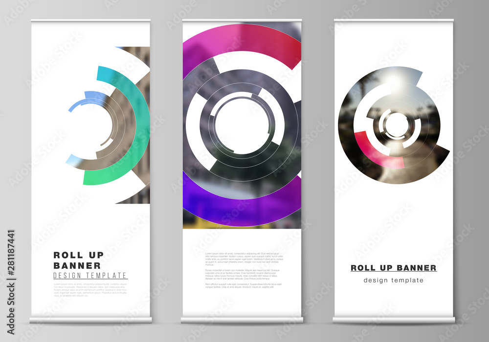 Poster the vector layout of roll up banner stands, vertical flyers, flags design business templates. futuri