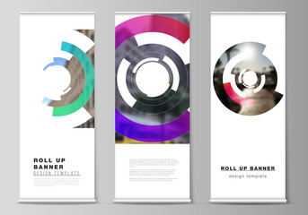 The vector layout of roll up banner stands, vertical flyers, flags design business templates. Futuristic design circular pattern, circle elements forming geometric frame for photo.