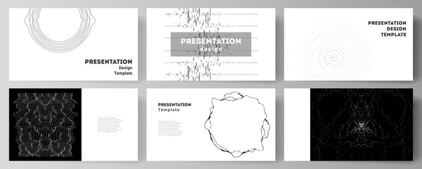 The minimalistic abstract vector illustration layout of the presentation slides design business templates. Trendy modern science or technology background with dynamic particles. Cyberspace grid. - obrazy, fototapety, plakaty