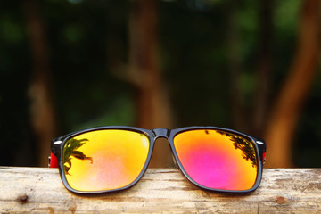 Colorful sunglasses with reflection of trees on a wooden stick.