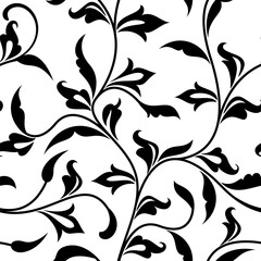 Seamless pattern. Thin delicate twigs with decorative leaves isolated on white background. Texture for print, wallpaper, home decor, textile, package design