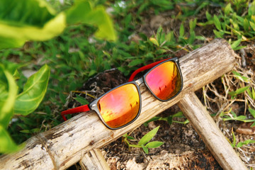 Colorful sunglasses with reflection of sea, beach, trees and sunset sky on a wooden stick.