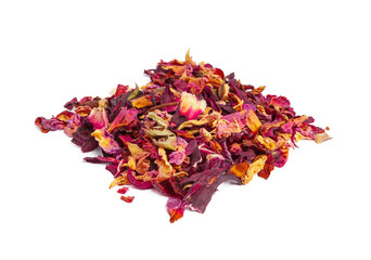  tea with candied fruit and rose petals on white background