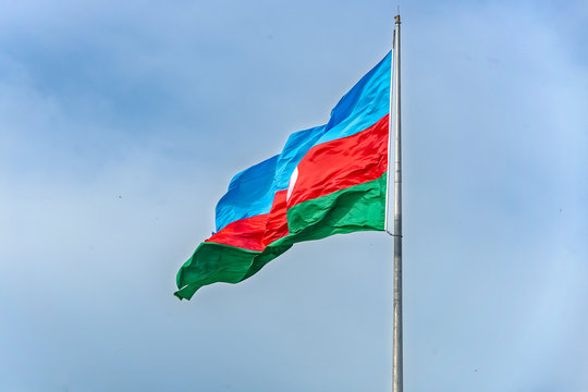  Azerbaijan, Bayraq place for national Azerbaijan flag in front of blue sky background