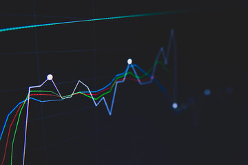 Stock market trading graph and candlestick chart on screen for businese financial investment concept. Economy trends background. Abstract finance and invest background.