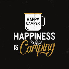 Hand drawn travel badge with camp mug, marshmallows and quote - Happiness is Camping. Stock wanderlust label isolated