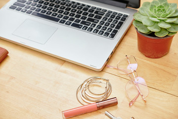 Close-up of laptop computer with flower in pot and accessories are on wooden table at office