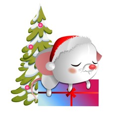  Cute white mouse in a Christmas hat sleeping on a box with gifts on the background of the Christmas tree.