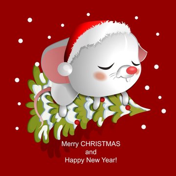 Cute White Mouse In A Christmas Hat Sleeping On A Christmas Tree On A Red Background.