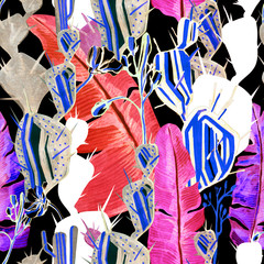 tropical garden, exotic cacti and leaves hand-drawn inks and watercolors on a seamless background for use in design, textiles, wrapping paper, cover