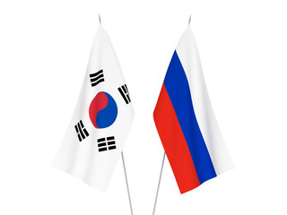 National fabric flags of Russia and South Korea isolated on white background. 3d rendering illustration.