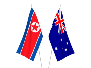 National fabric flags of Australia and North Korea isolated on white background. 3d rendering illustration.
