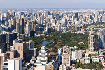 Obraz premium The Metropolitan Bangkok City - Aerial view urban tower Bangkok city Thailand on April 2019 , blue sky background , Cityscape Thailand