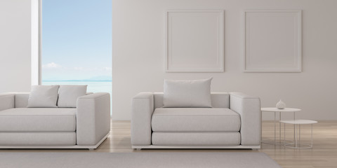 Perspective of modern luxury living room with white sofa on sea view background,Relaxation idea of family vacation, architecture idea of large window system - 3D rendering.
