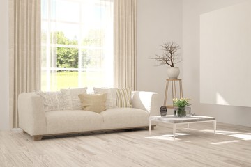 Stylish room in white color with sofa and summer landscape in window. Scandinavian interior design. 3D illustration