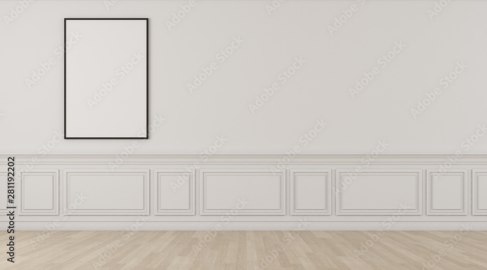 Poster perspective of white empty room and laminate floor with blank space of picture frame,classic interio