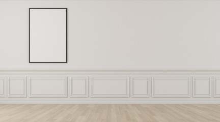 Perspective of white empty room and laminate floor with blank space of picture frame,classic interior style. 3D rendering