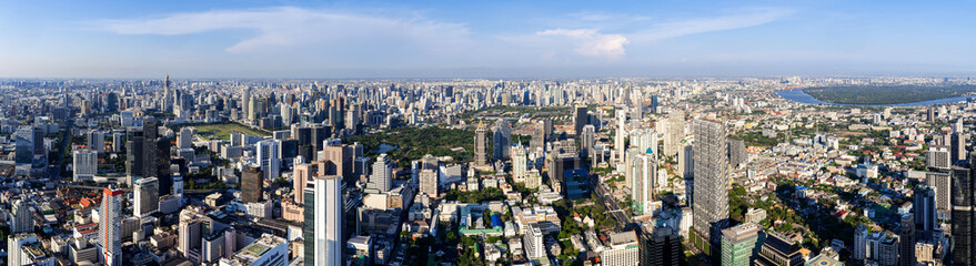 Fototapeta na wymiar The Metropolitan Bangkok City - Aerial Panorama view urban tower Bangkok city Thailand on April 2019 , blue sky background , Panoramic Cityscape Thailand