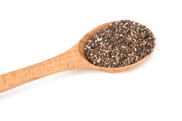 Chia seeds in wooden spoon isolated on white background