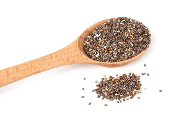 Chia seeds in wooden spoon isolated on white background