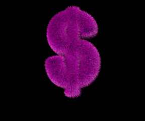 comical luxury pink fur font isolated on black - dollar - peso sign, luxury concept 3D illustration of symbols