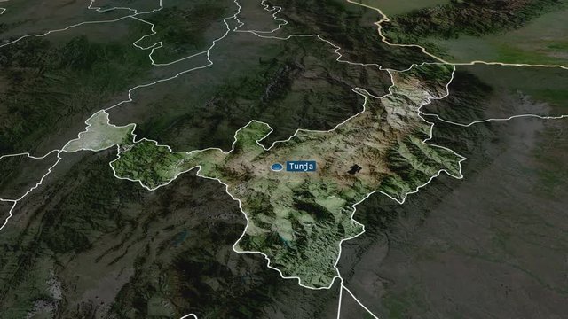 Boyac&aacute; - department of Colombia with its capital zoomed on the satellite map of the globe. Animation 3D