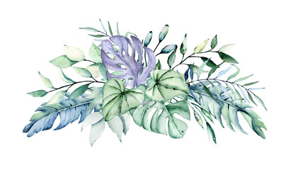 Watercolor tropical leaves, arrangement jungle plants for stationary, greetings, etc. Aloha party floral decoration. Hand drawing.