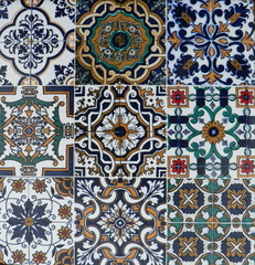 Vintage portuguese azulejo ceramic tilework. Traditional ornate portuguese decorative tiles azulejos