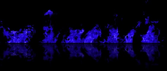 Real fire flames of blue color with reflection isolated on black background. Mockup on black of 5 flames.