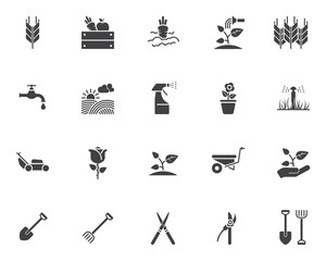 Gardening vector icons set, modern solid symbol collection, filled style pictogram pack. Signs, logo illustration. Set includes icons as spike of wheat, watering sprinkler, field, vegetable , seedling