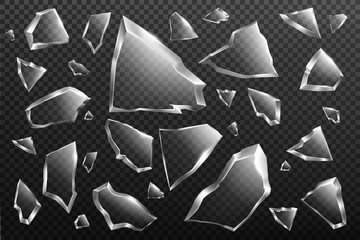 Broken glass shards set isolated on transparent background, randomly scattered shattered pieces of crashed window, crystal fragments with sharp edges, design elements, Realistic 3d vector illustration