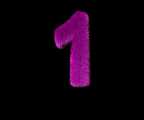laughable fashion pink furry font isolated on black - number 1, fashion concept 3D illustration of symbols