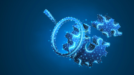 Magnifying glass on a Gear Jigsaw Puzzle. Industry development analysis, engine work, business solution concept. Abstract, digital wireframe, low poly mesh, vector blue neon 3d illustration. Line dot