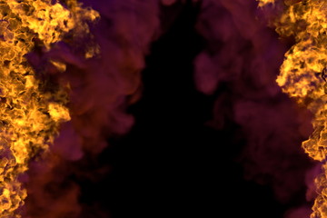 fiery lava with heavy smoke frame isolated on black background - fire lines from sides left and right, top and bottom are empty - fire 3D illustration