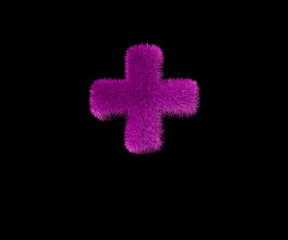 laughable stylish purple wooly alphabet isolated on black - plus, stylish concept 3D illustration of symbols