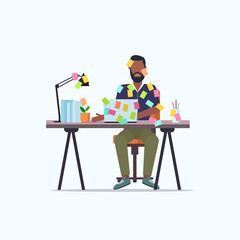 Fototapeta na wymiar businessman covered with stick notes business planning deadline concept african american office worker using laptop sitting at workplace flat full length