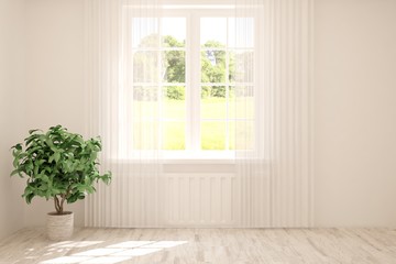 Stylish empty room in white color with summer landscape in window. Scandinavian interior design. 3D illustration