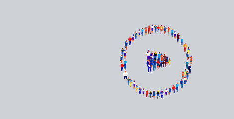 businesspeople crowd gathering in play button icon shape different business people group standing together social media community concept horizontal