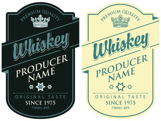Set of two vector labels for whiskey premium quality in the figured frame with crown and calligraphic inscription in retro style