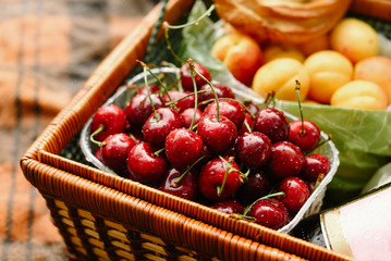 Picnic basket with apricots and cherries