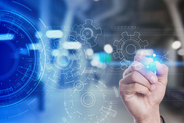 Engineering background with gears draft on virtual screen. Business innovation and modern technology concept.