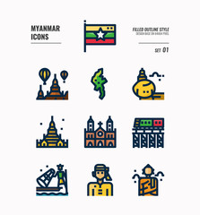 Myanmar icon set 1. Include flag, landmark, people, culture and more. Filled Outline icons Design. vector