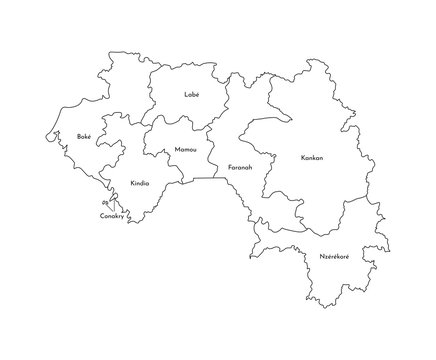Vector isolated illustration of simplified administrative map of Guinea. Borders and names of the regions. Black line silhouettes