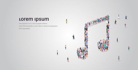 people crowd gathering in musical note shape social media community music concept different occupation employees group standing together full length horizontal copy space
